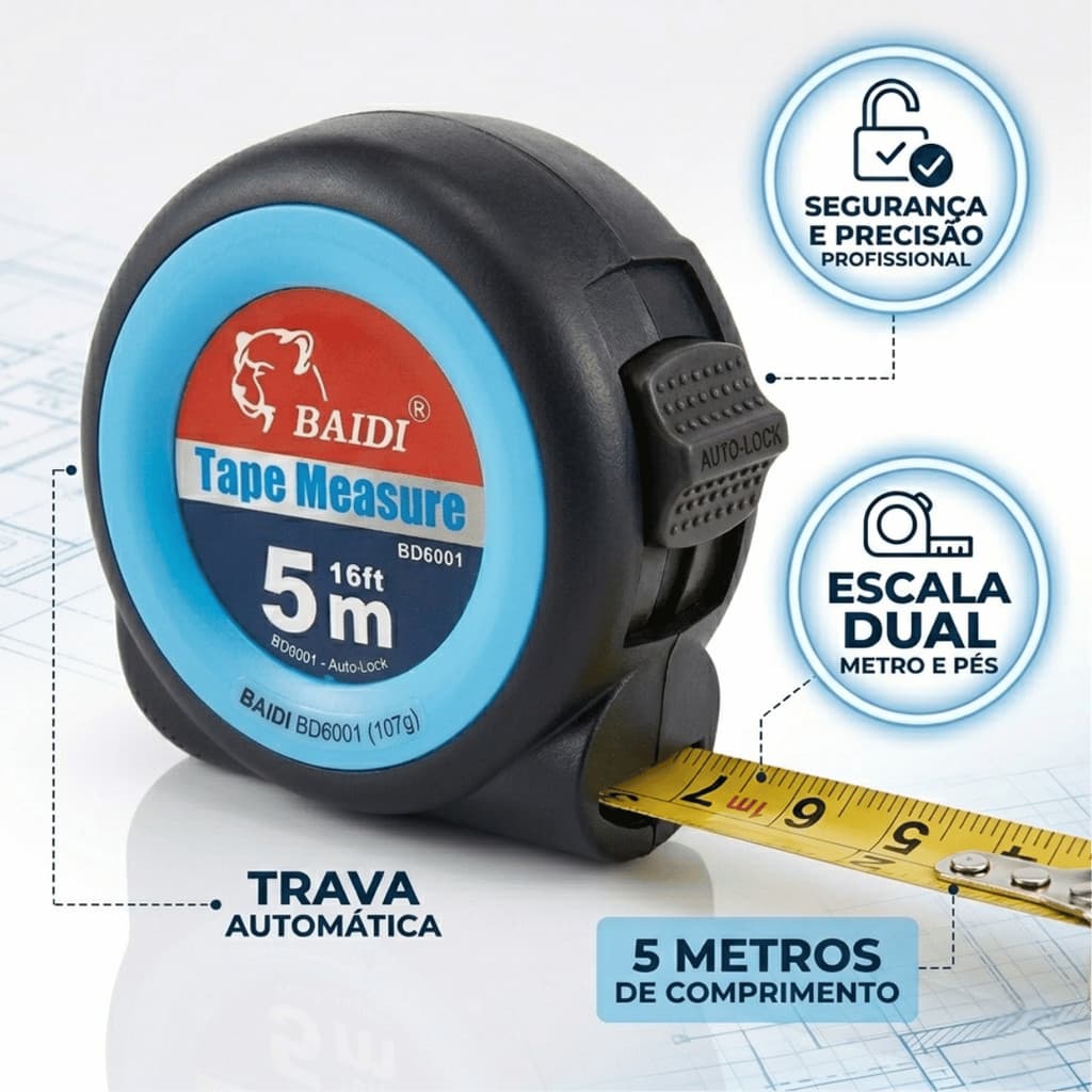 Kit 2 Fita Trena Métrica 5 metros Profissional Automática com Trava Fita de Aço