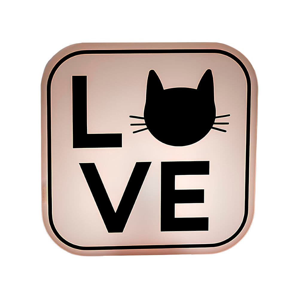 Luminária quadrada rosa com a palavra LOVE e ícone de gato preto
