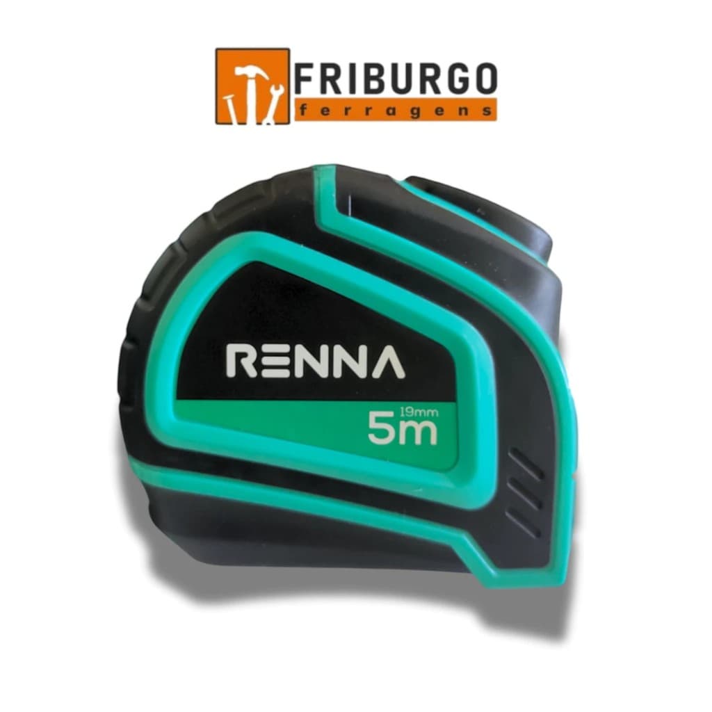 Trena Renna 5m com autotrava, fita métrica resistente, marca Renna, capacidade 5m, fundo branco, design ergonômico, cores verde e preto.