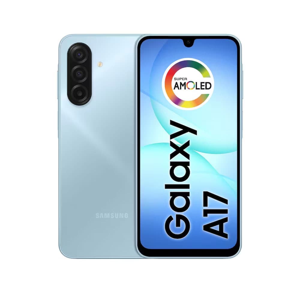 Visão traseira do smartphone Samsung Galaxy A17, azul claro, com câmera tripla e display Super AMOLED.