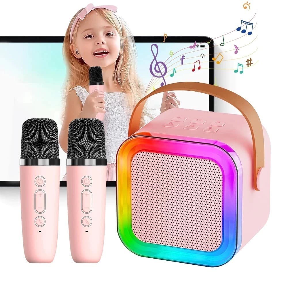 K12/2 Microfone Infantil Bluetooth Karaokê com 2 Microfones Presente - Alto-falante Integrado