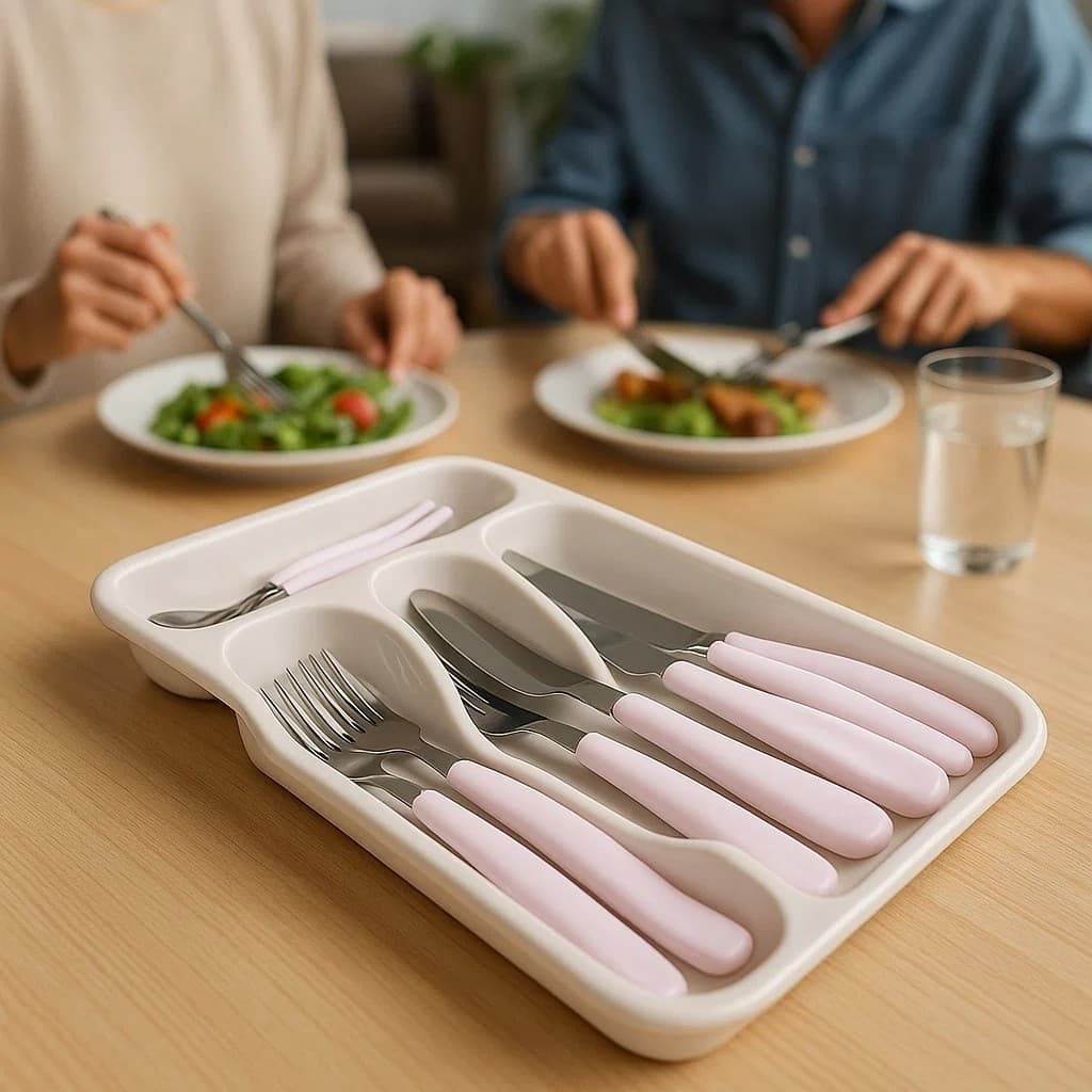 Kit de talheres branco com 25 peças em organizador plástico, facas, garfos, colheres e pegadores com cabos rosa, sobre mesa de madeira