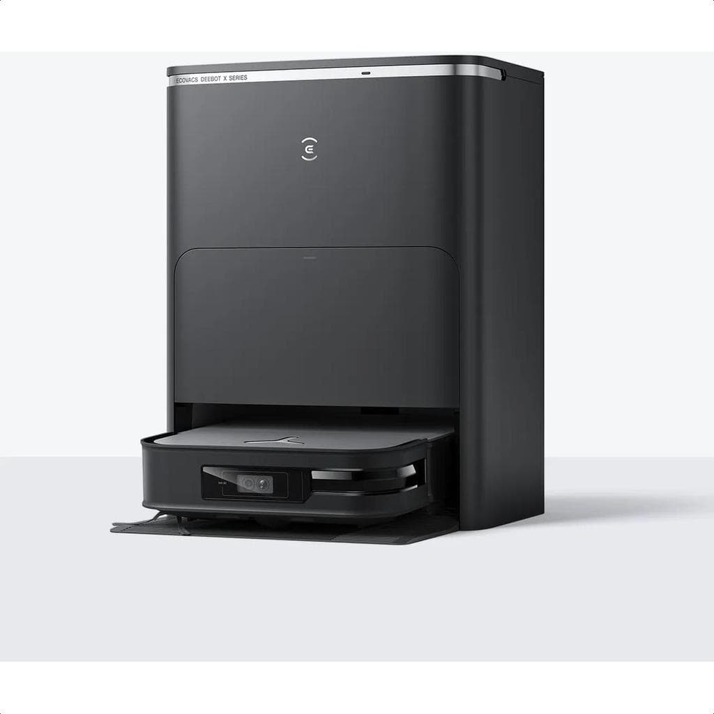 Robô aspirador Ecovacs Deebot X2 Omni preto, fundo branco, ângulo frontal