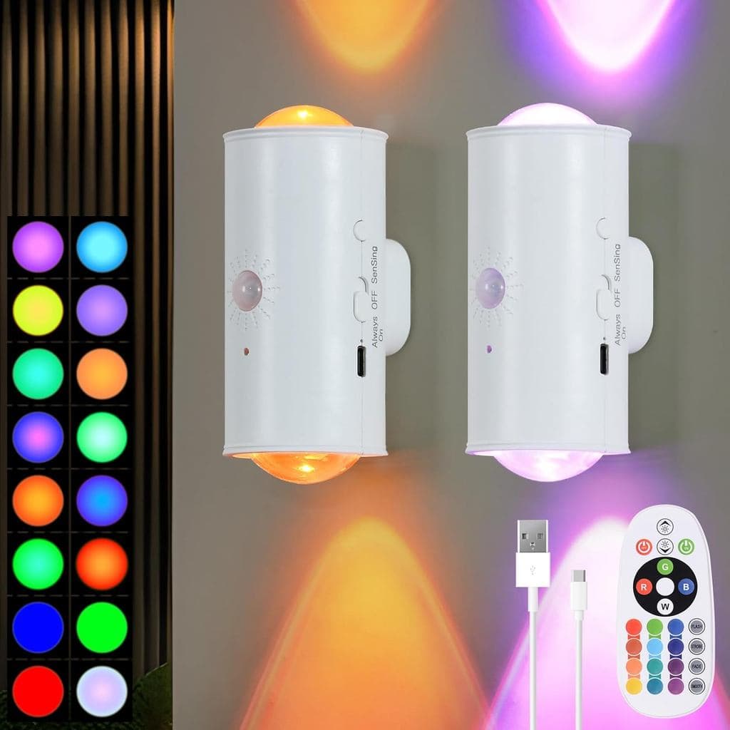 Arandelas LED sem fio com controle remoto, mudança de 16 cores e sensor de movimento, fundo cinza.