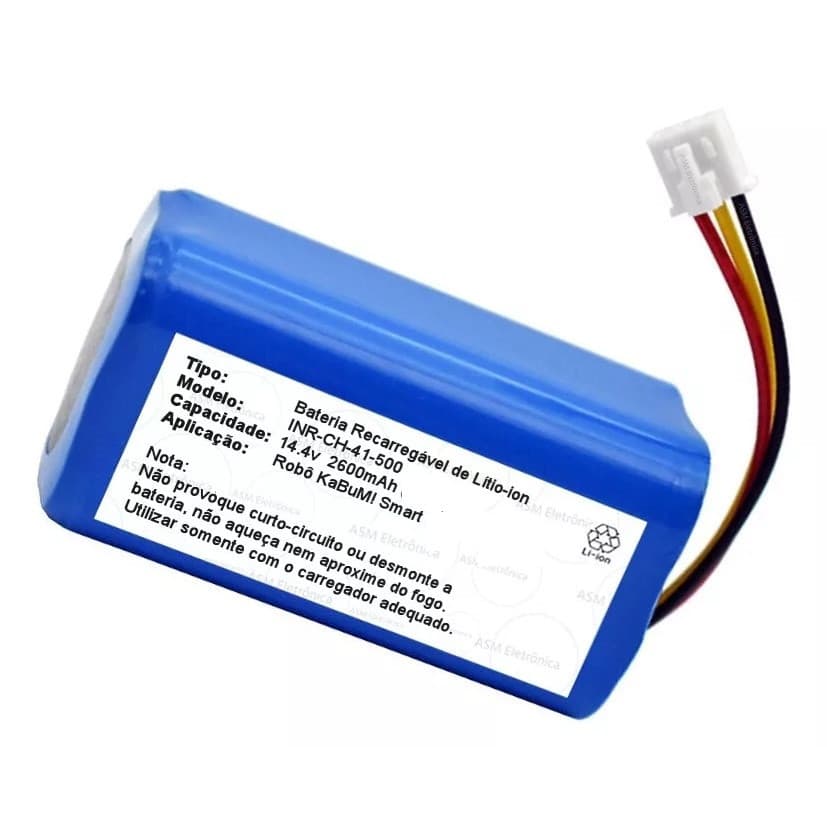 Bateria para robô aspirador de pó azul com rótulo informativo