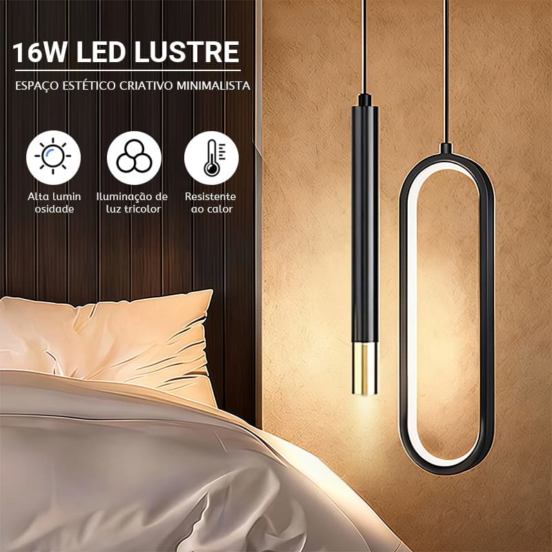 Luminária pendente LED oval preta com iluminação tricolor, bivolt, para quarto.
