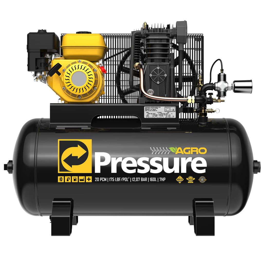 Compressor de Ar 160L 20Pcm Agro Agrícola Motor 7Hp Gasolina Partida Manual Pressure