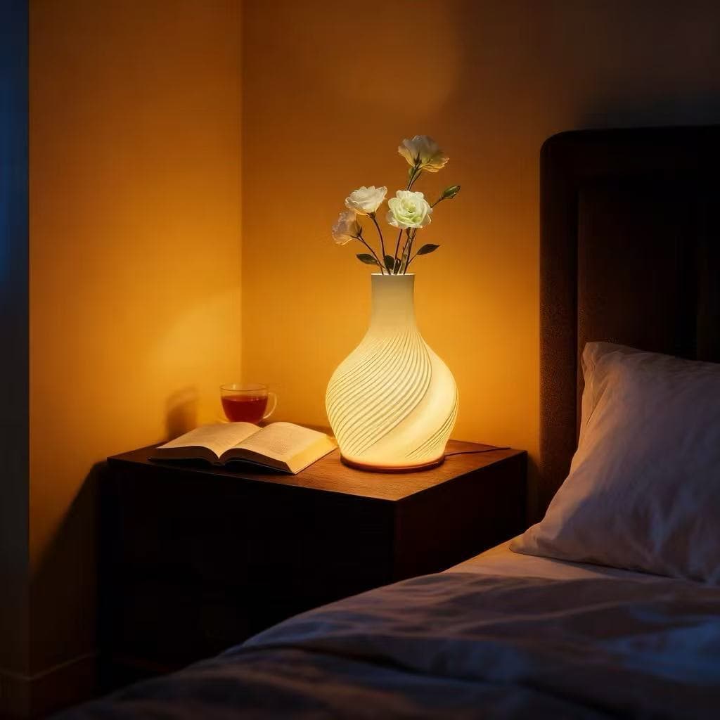 Luminária LED em forma de vaso com flores brancas em um criado-mudo
