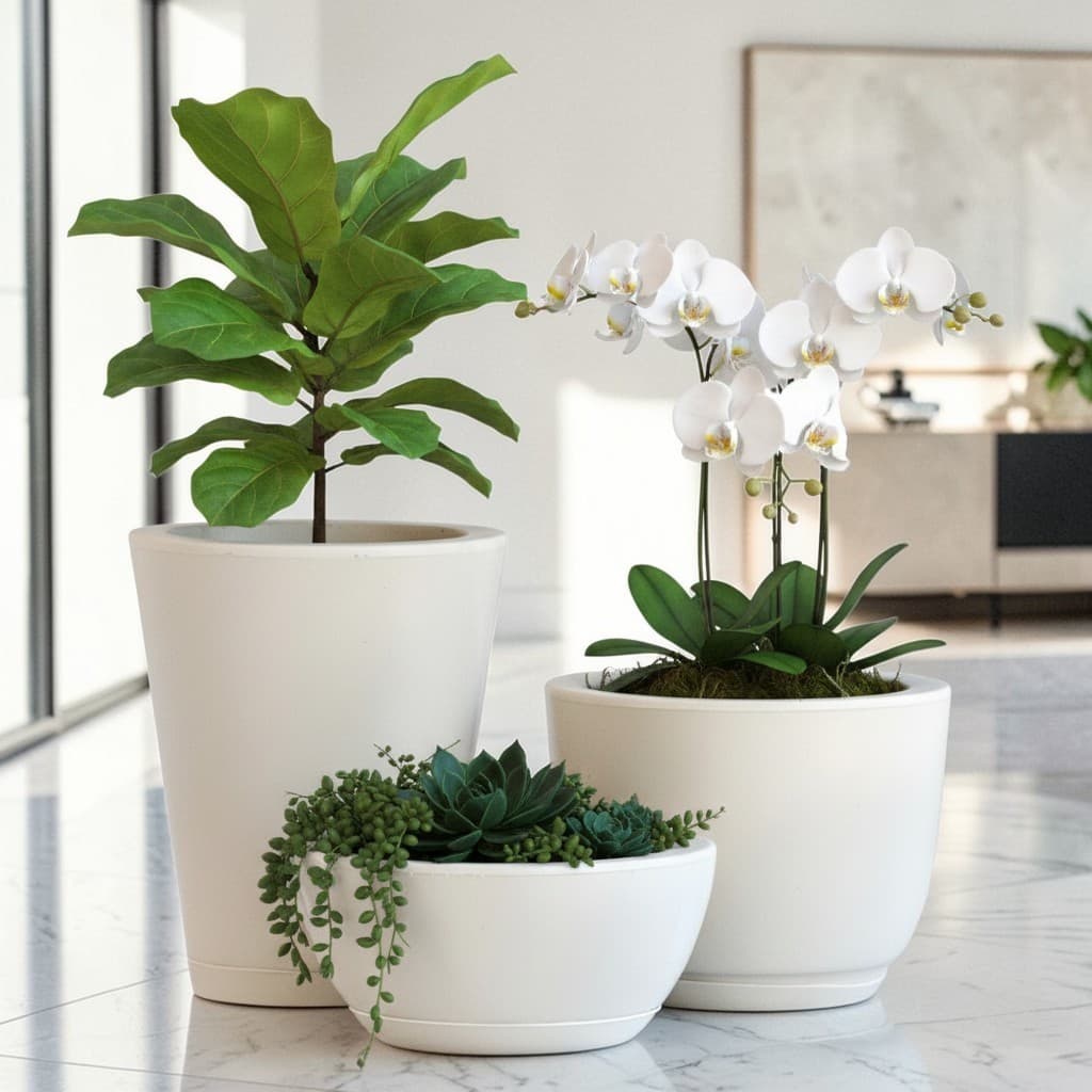 Kit de 3 vasos de plantas estilo vietnamita brancos polidos