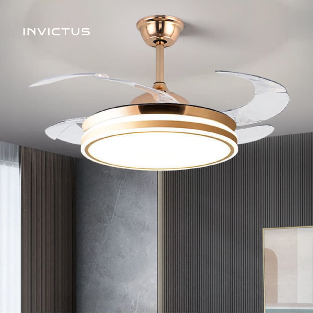 Ventilador de teto bivolt 96W com luz LED multicolorida, quatro pás retráteis, acabamento em ouro rosa e branco