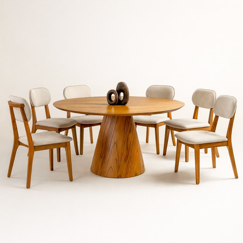 Conjunto de mesa redonda de jantar de madeira maciça com seis cadeiras
