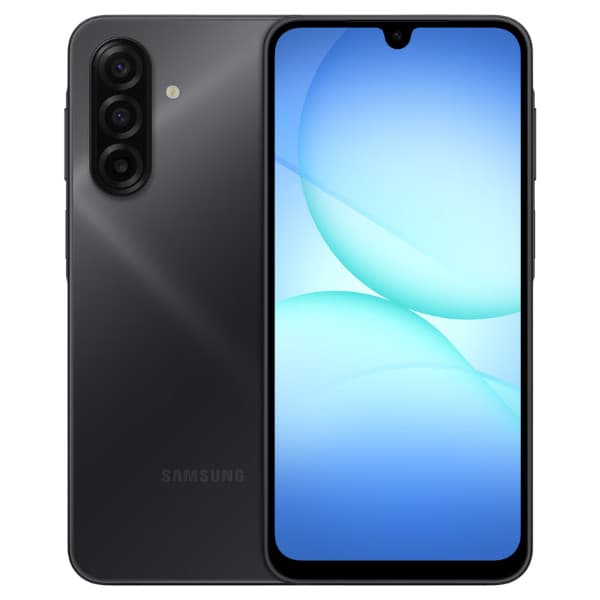 Imagem frontal do smartphone Samsung Galaxy A17 preto com visor OLED e configuração de câmera quádrupla.