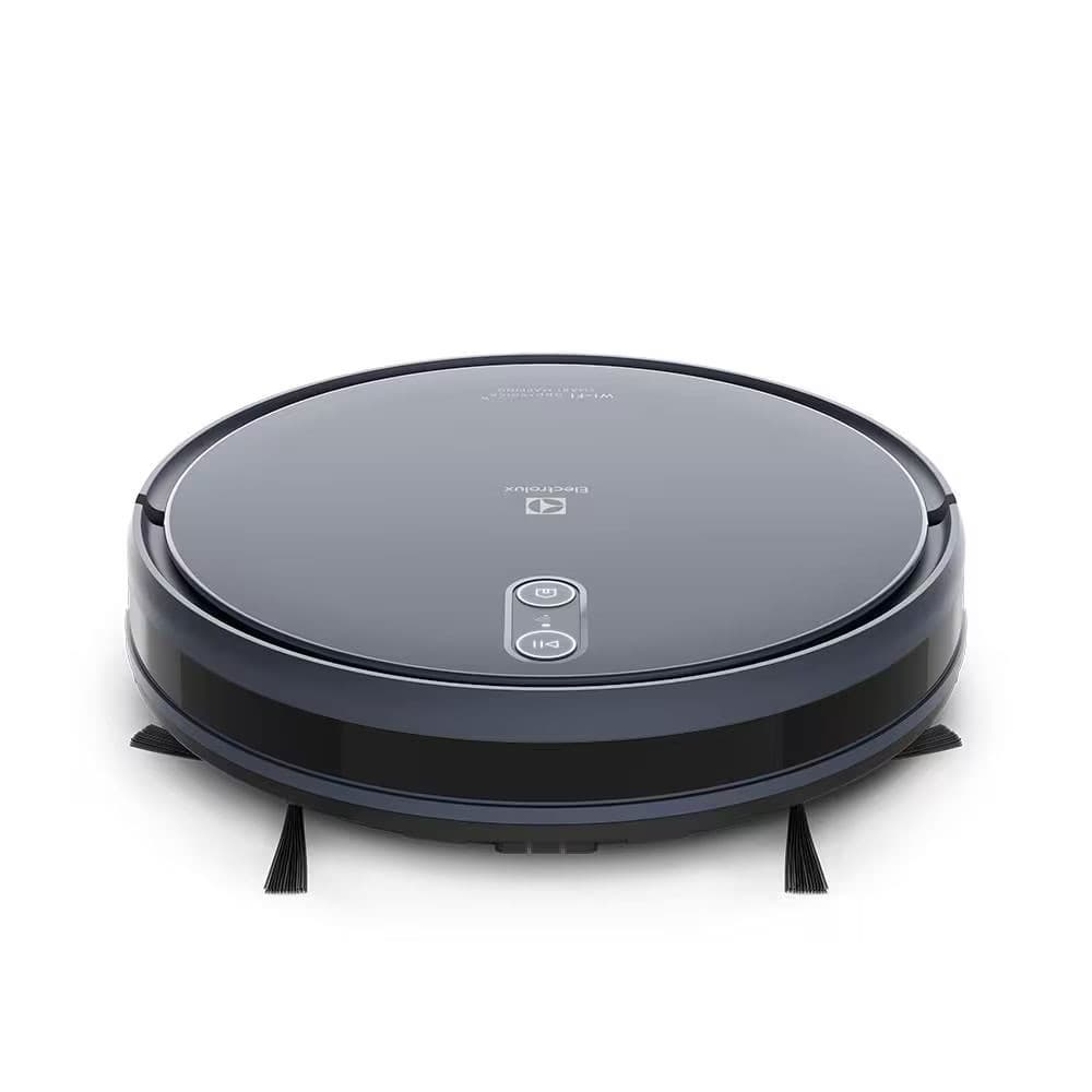 Aspirador robô Electrolux ERB44 preto com painel de controle na parte superior.
