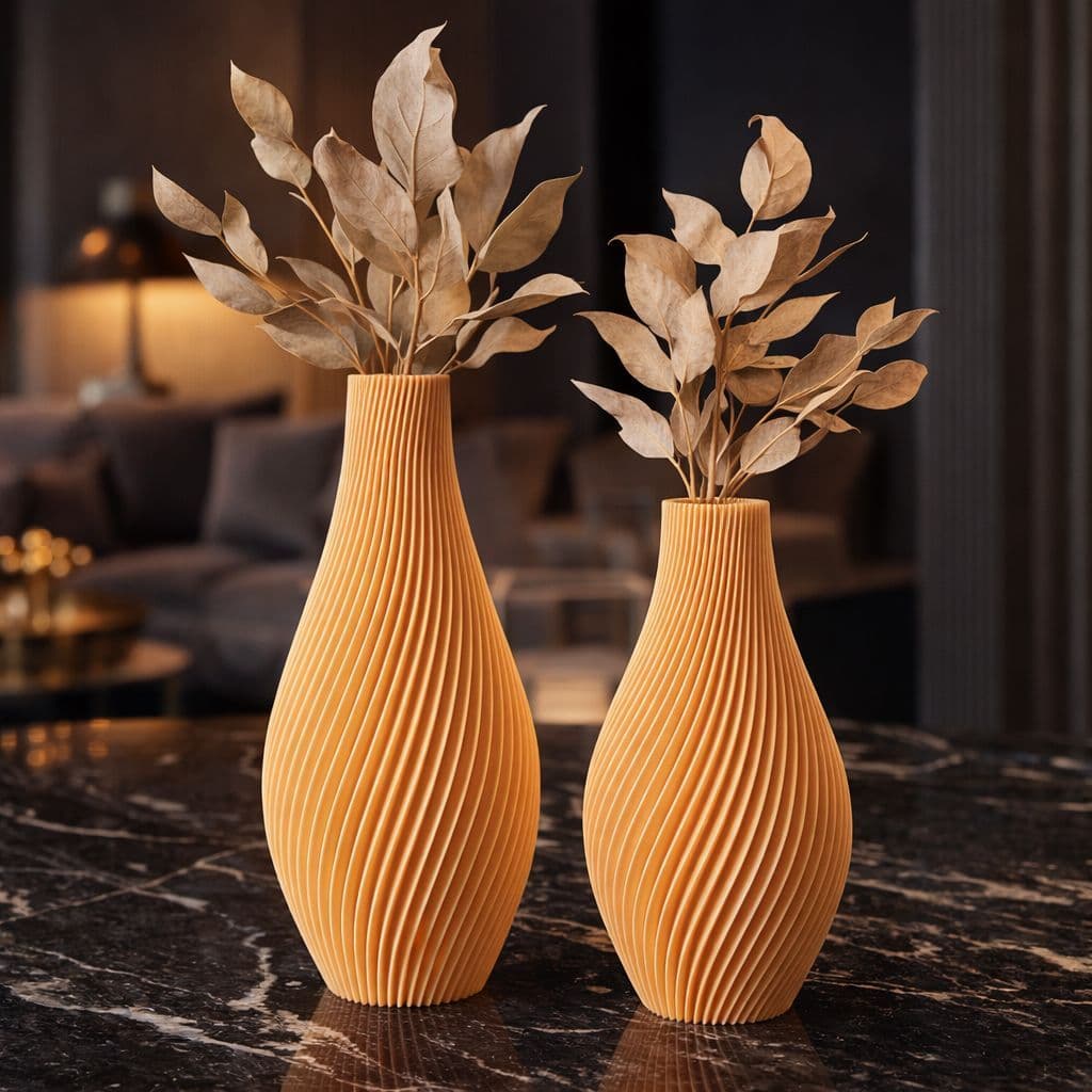 Dois vasos decorativos espirais modernos amarelos com folhas secas em um ambiente elegante