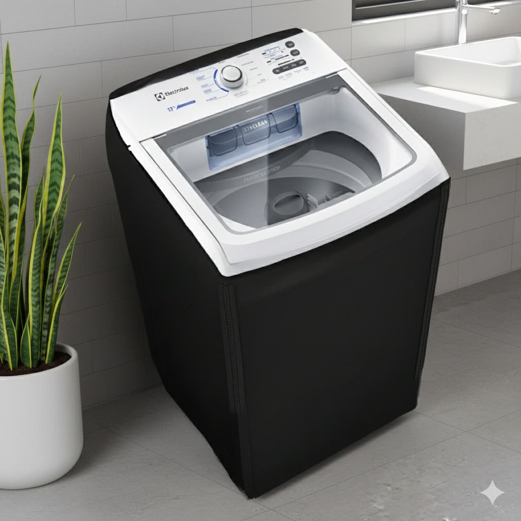 Máquina de lavar Electrolux com tampa preta e porta transparente, em fundo branco, mostrando o interior vazio.