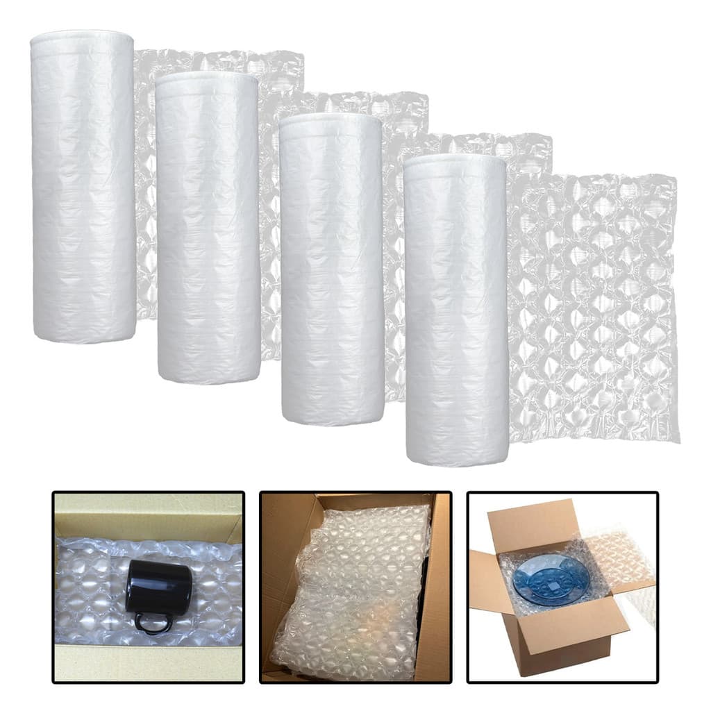 Kit de bobinas de filme de manta de ar para proteção de embalagens, com exemplos de uso.