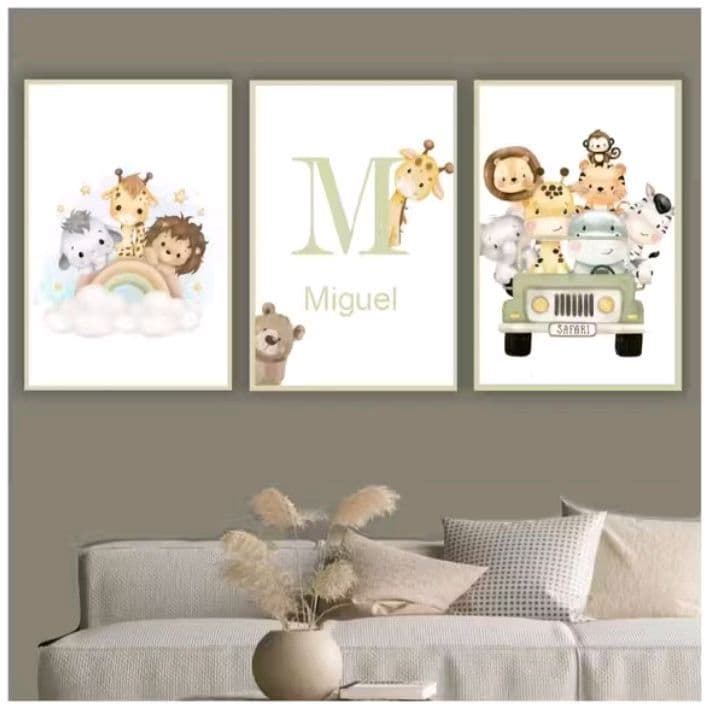 Quadros decorativos personalizados com nome Miguel - animais, letra M e jipe