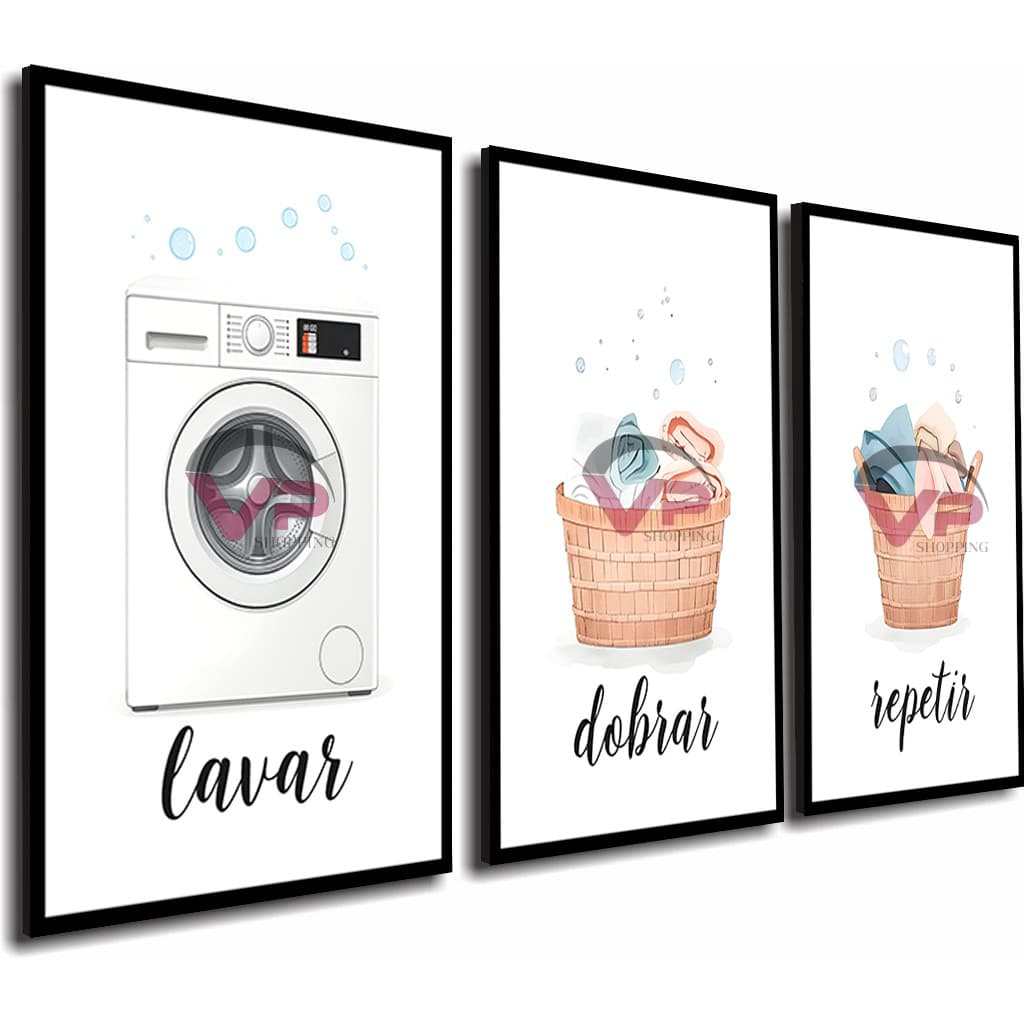 Kit de quadros decorativos 'Lavar, Dobrar, Repetir' para lavanderia