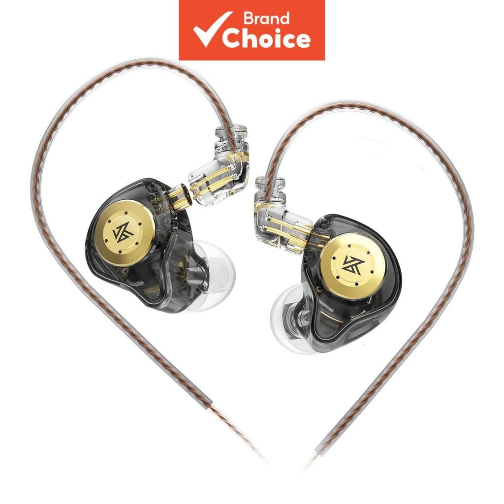 Fones de ouvido KZ EDX Pro com fio, design ergonômico em forma de coração, conectores dourados e pretos.