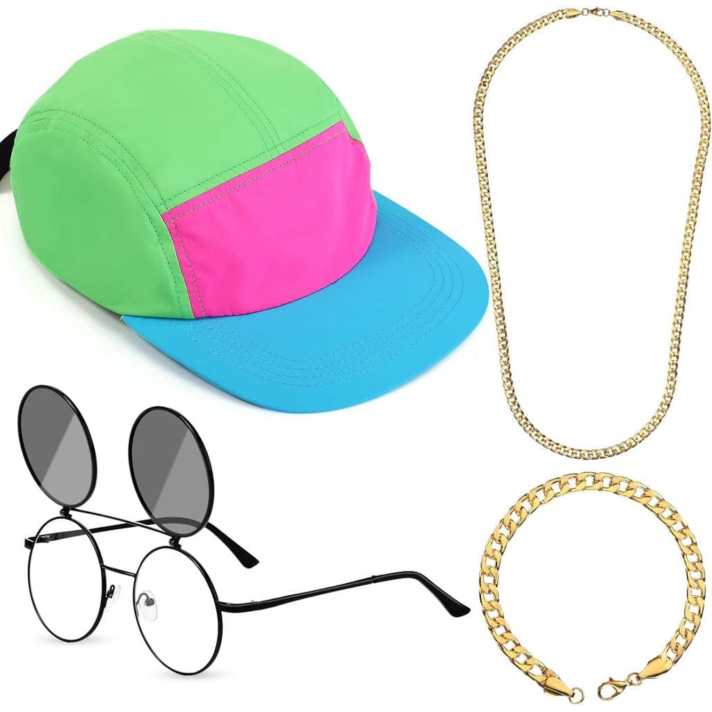 Cindeer 4 Peças Acessórios Hip Hop Anos 80 90 para Mulheres e Homens, Chapéu Neon, Óculos de Sol, Pulseira de Corrente D