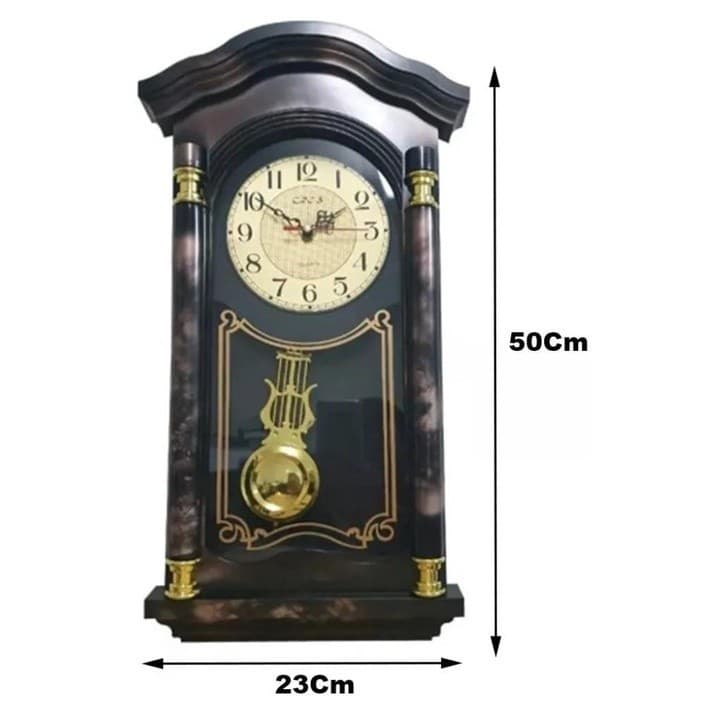 Relógio de parede retrô com pêndulo, preto e dourado, dimensões 50cm x 23cm
