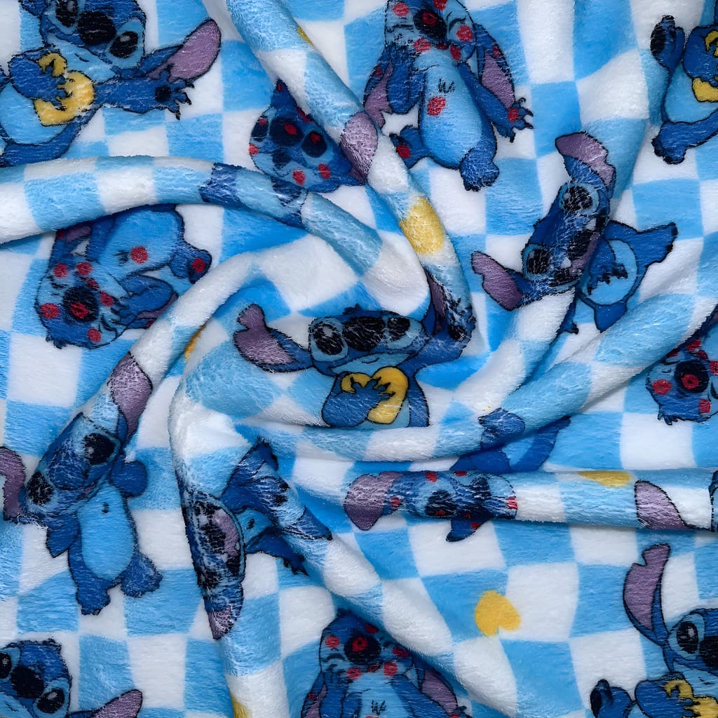 Tecido Fleece Quentinho Estampa Lilo e Stitch Xadrez Azul Branco