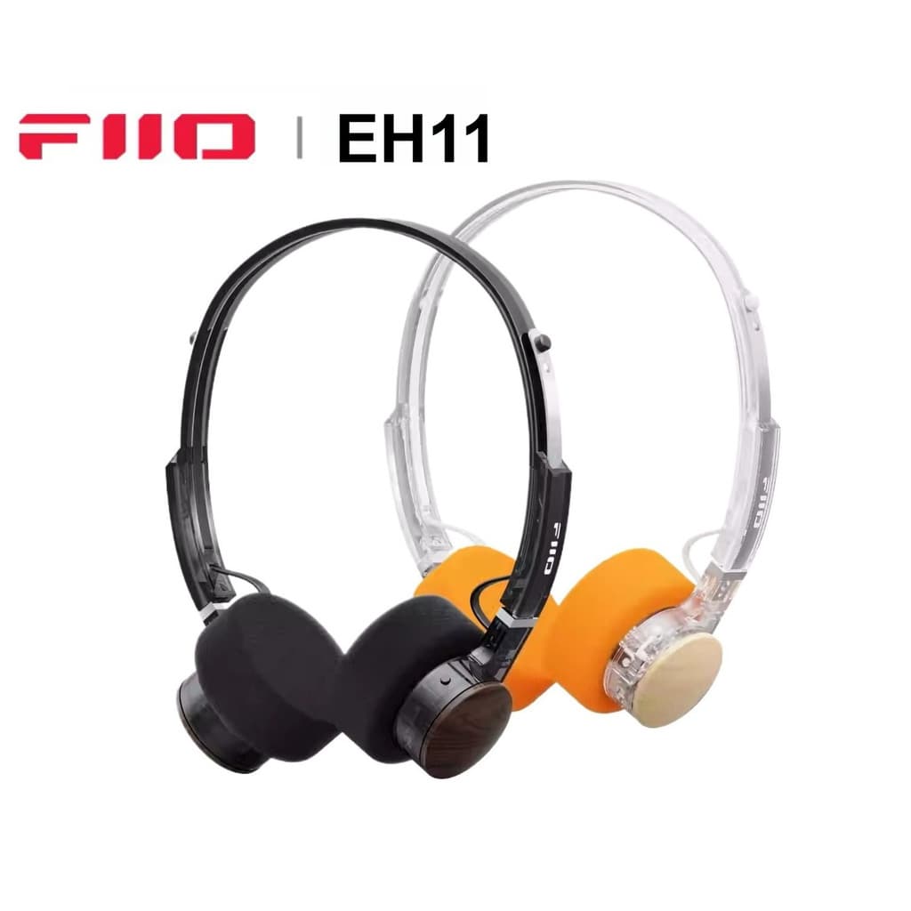 Fones de ouvido intra-auriculares FIIO EH11 com design retrô e almofadas pretas e laranja.