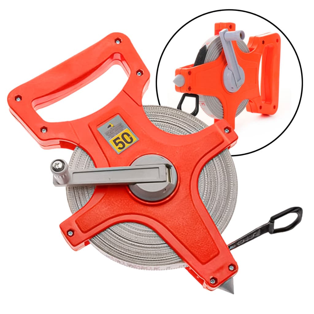 Trena 50 Metros Profissional com Fita de Fibra de Vidro, Estrutura Vermelha, Fita Cinza, 50 Metros x 14mm