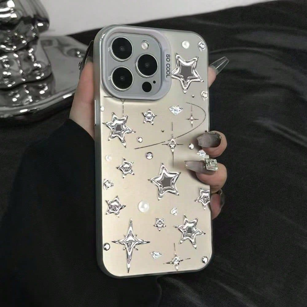 Capinha anti-impacto para iPhone com padrão de estrelas prateadas brilhantes