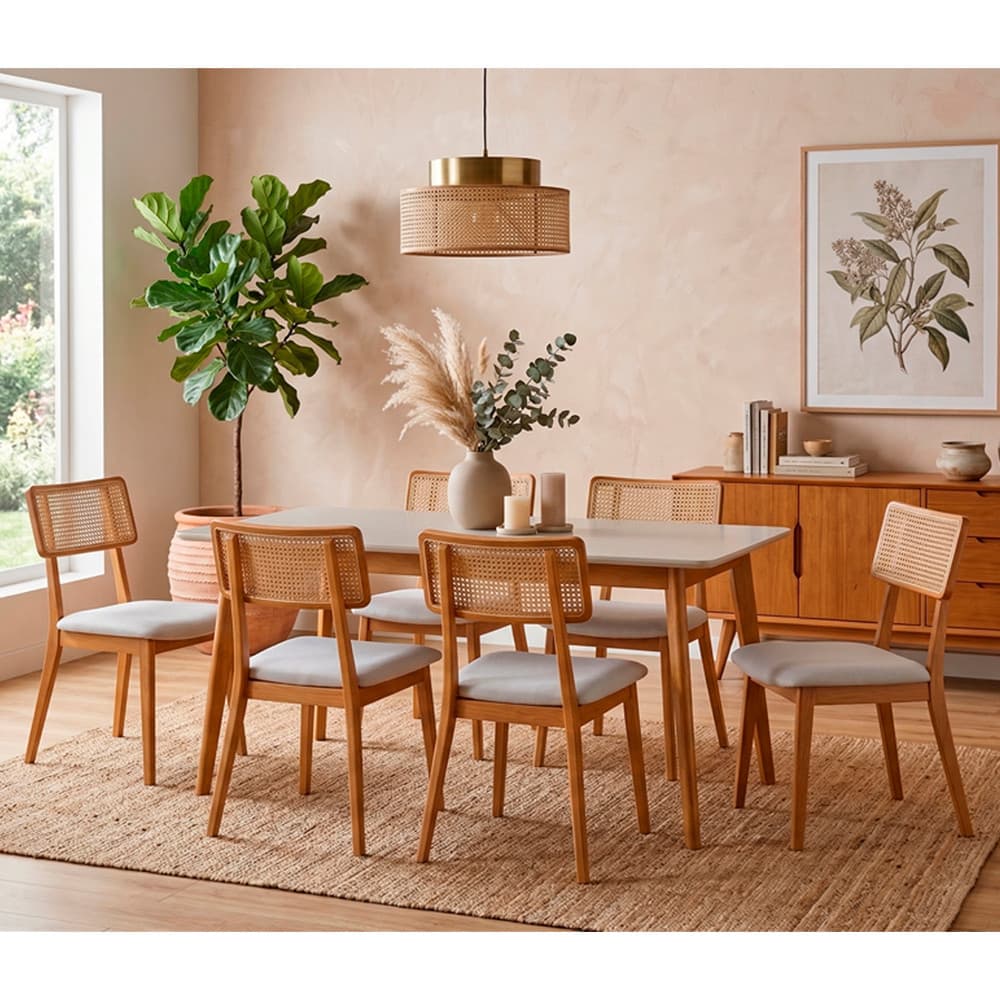 Sala de Jantar 6 Lugares Graziela Mesa e Cadeiras Madeira Maciça Telinha Rattan Móveis Mix