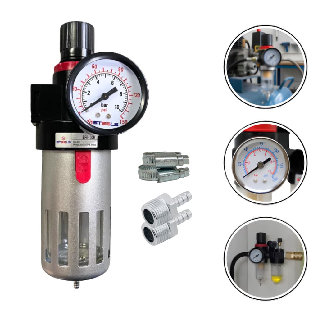 Filtro Regulador Ar Compressor 1/2 com Manômetro e Suporte Pintura