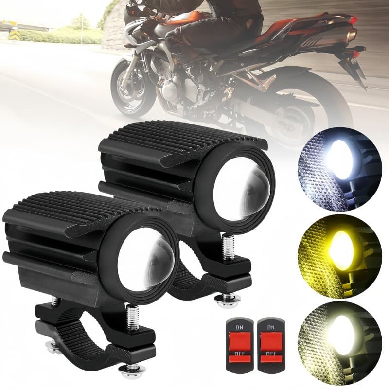 Faróis auxiliares de motocicleta LED com suporte, lentes transparentes e refletores, interruptores ON/OFF, cores branca, amarela e vermelha.