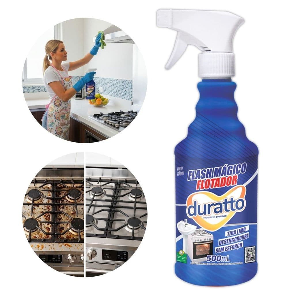 Detergente Flash Mágico Flotador 500ml da marca Duratto para limpeza pesada, mostrando uma garrafa azul com remoção de sujeira.