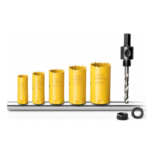 Sete serras de copo bimetálicas HSS em kit para metal e madeira, em amarelo, com broca e parafusos.