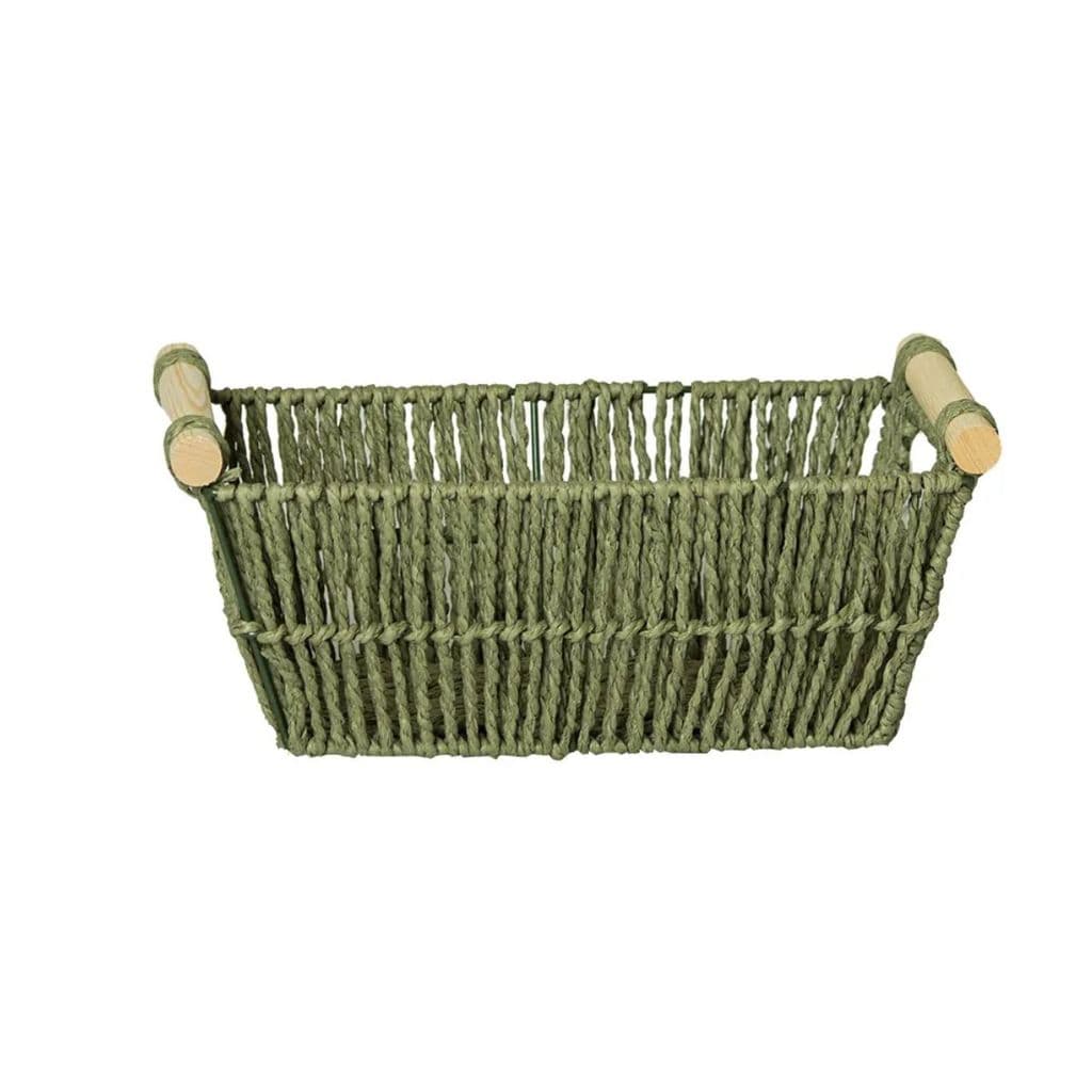 Cesto de fibra natural verde com alças de bambu para organização