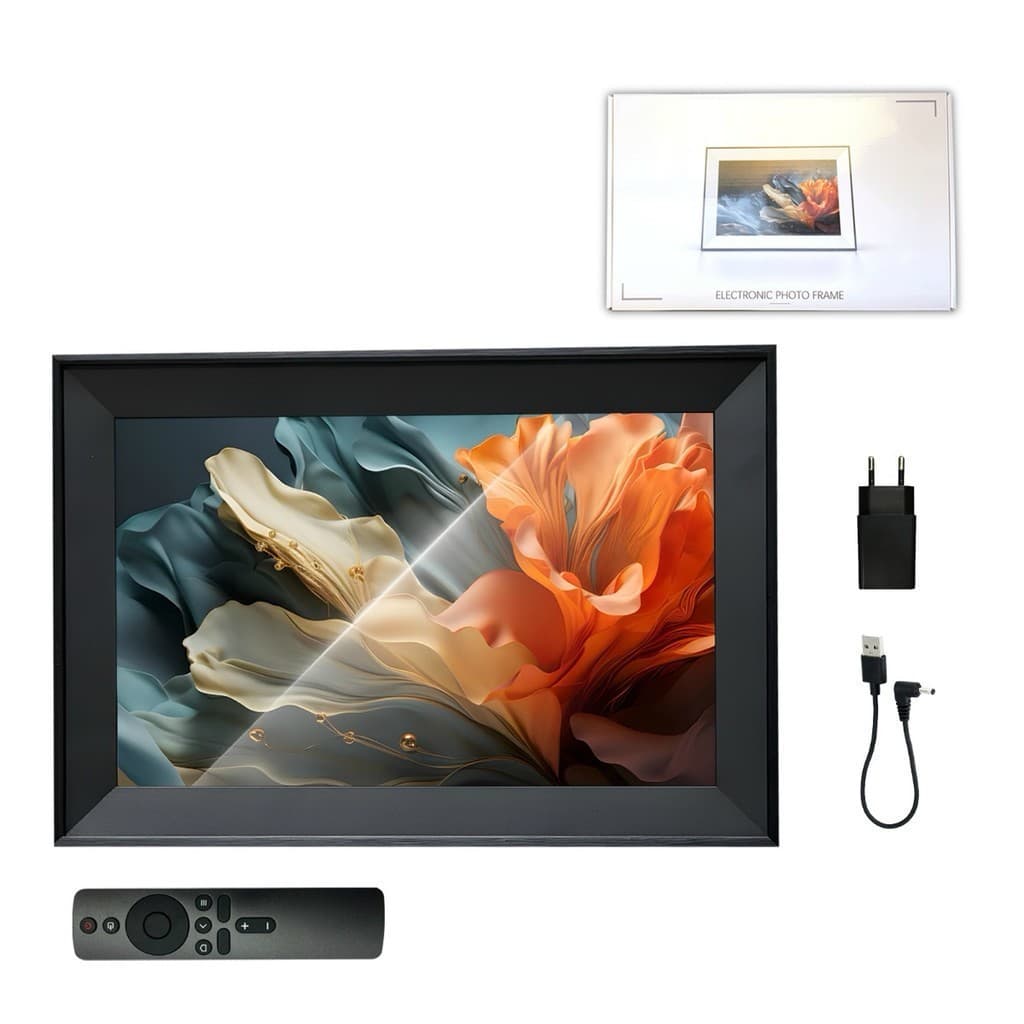 Moldura eletrônica digital 7.8 polegadas com flor laranja e azul, controle remoto, carregador e cabo