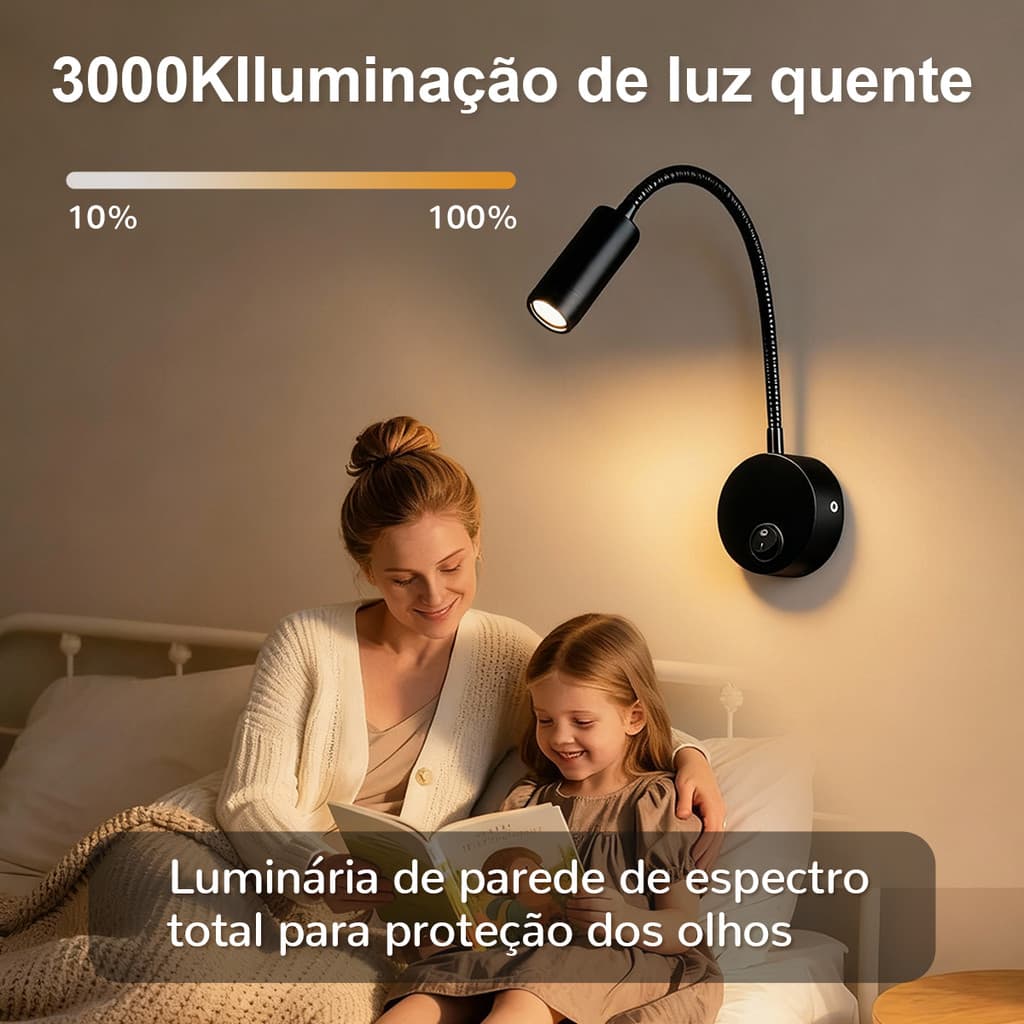 Arandela LED flexível preta para cabeceira de cama, iluminação de 3000K, proteção para os olhos