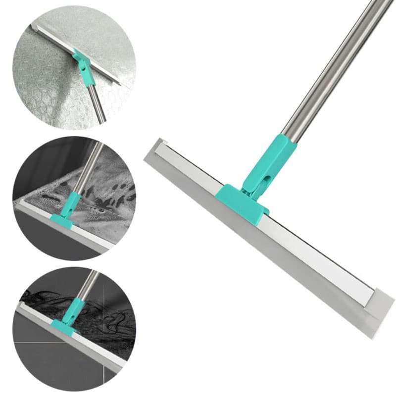 Vassoura mágica de silicone para limpeza de banheiro com cabo de metal e lâmina azul