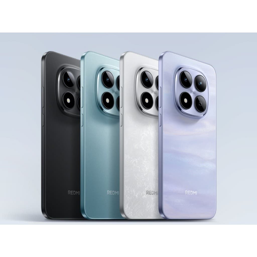 Smartphone Xiaomi Redmi Note 15 Pro 5G em quatro cores: preto, azul, branco e púrpura