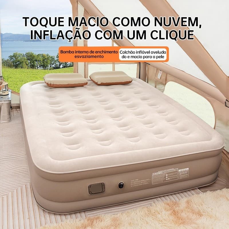 Colchão inflável queen para casal com bomba integrada, barraca de camping, gramado ao fundo
