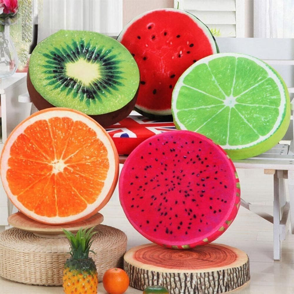 Almofadas de frutas em formato de círculo, melancia, kiwi, limão, laranja e abacaxi, decoração para escritório ou sofá.