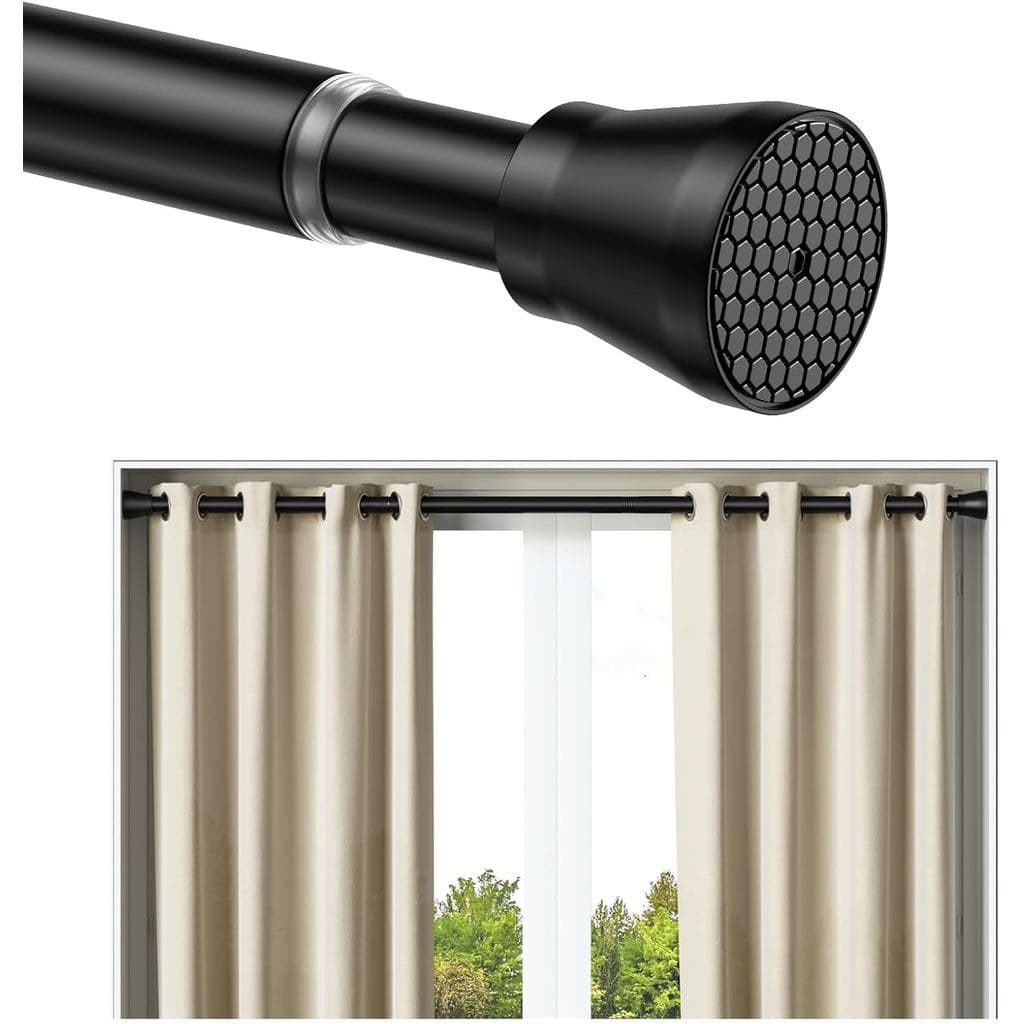 Varão de cortina de tensão sem furação preto com conector prateado e cortinas bege
