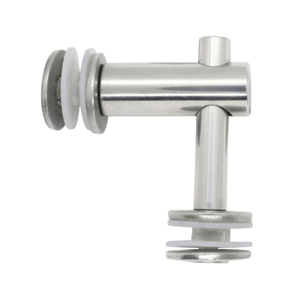 Conector de inox 90º grau V.V escovado para corrimão de inox, frontal, fundo branco, estrutura em T, suportes de plástico branco