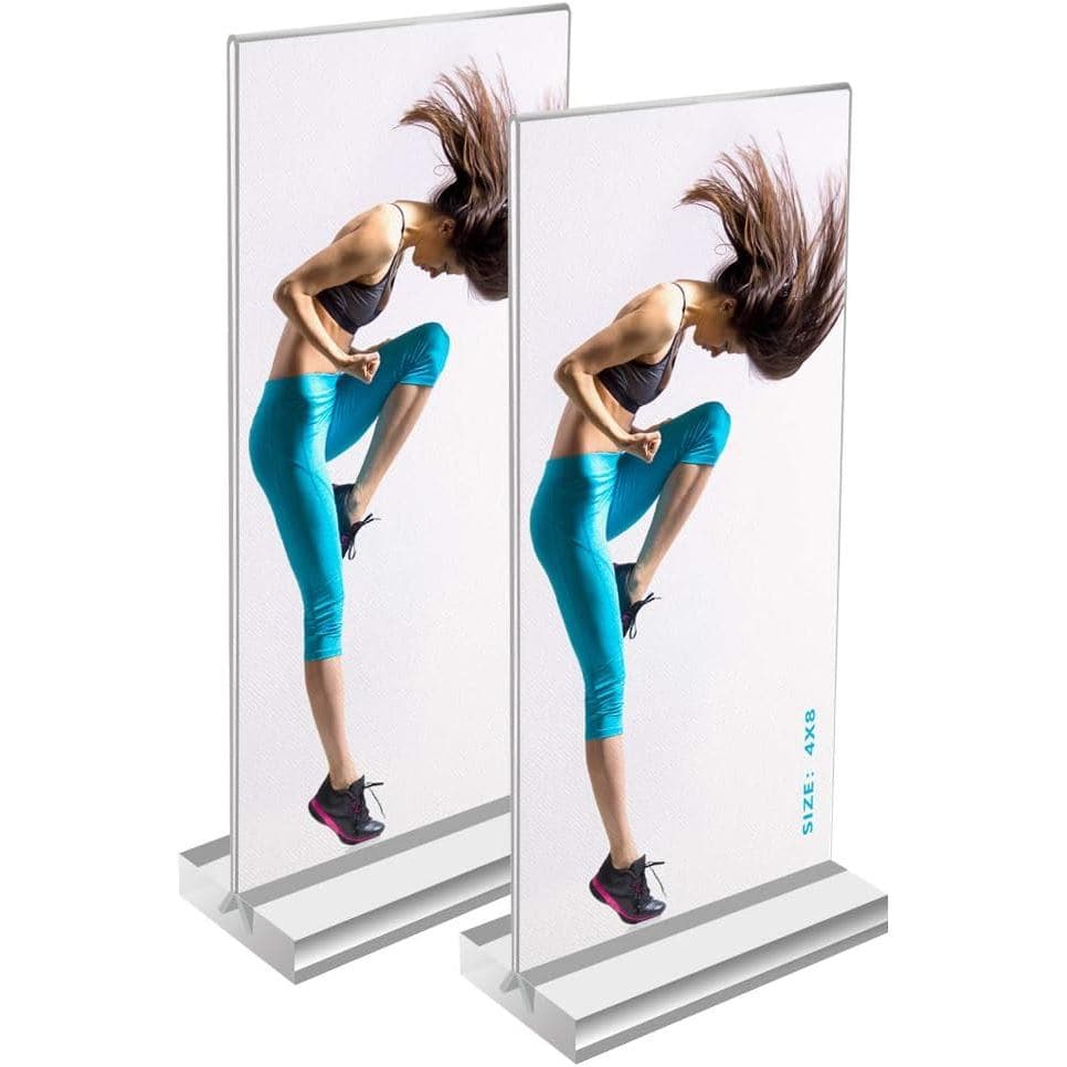 Duas unidades de porta-retratos Bluesun 4x8 transparentes, ângulo frontal, fundo branco, base metálica cinza