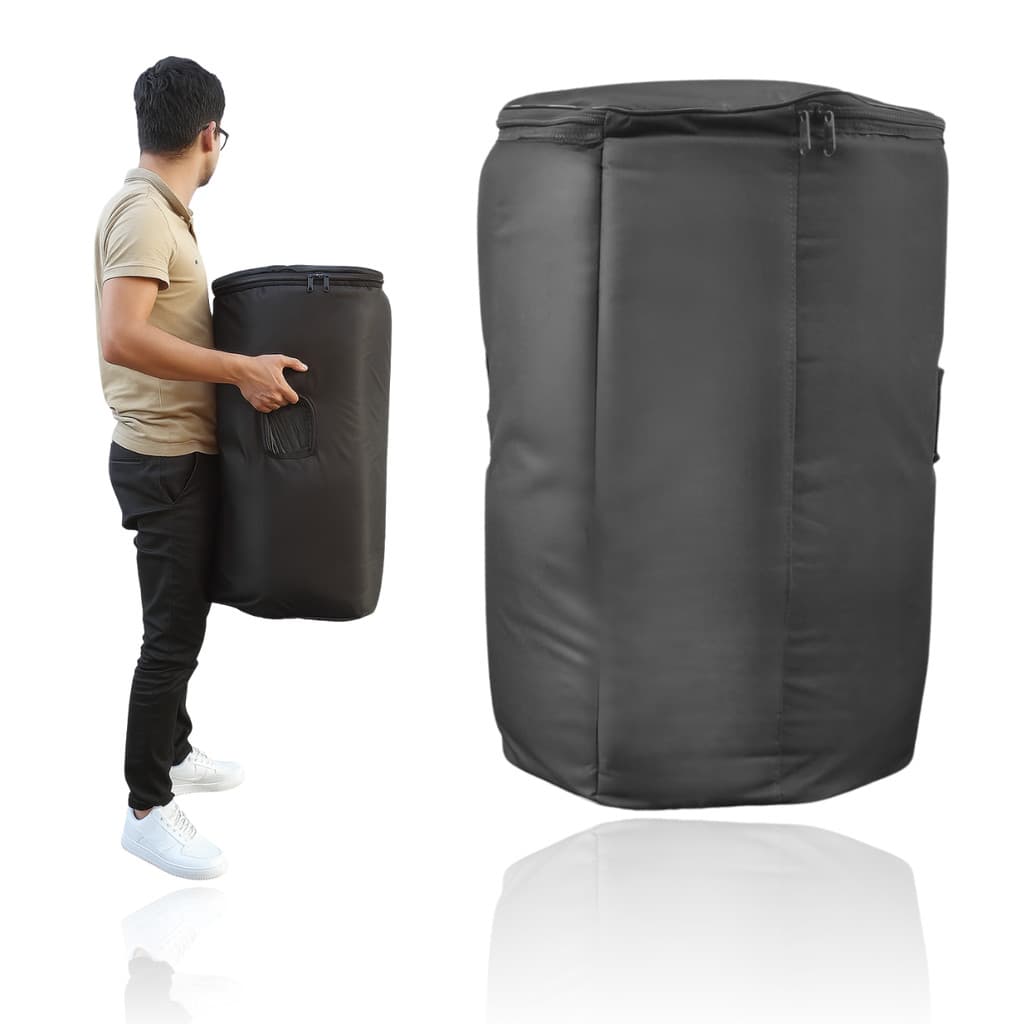 Bolsa acolchoada preta para caixa de som EON 615, com compartimentos e alça de transporte.