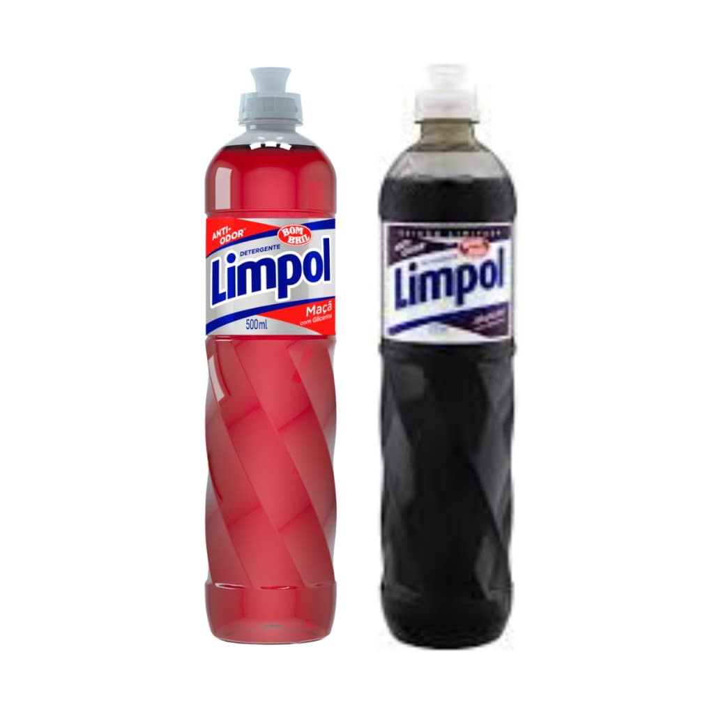 Duas garrafas de detergente Limpol 500ml, uma vermelha e outra preta, contra fundo branco.