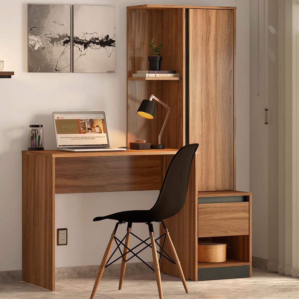 Escrivaninha com Armário Office Morada com 1 Porta 1 Gaveta e 3 Nichos Demóbile, madeira, com laptop e lâmpada.