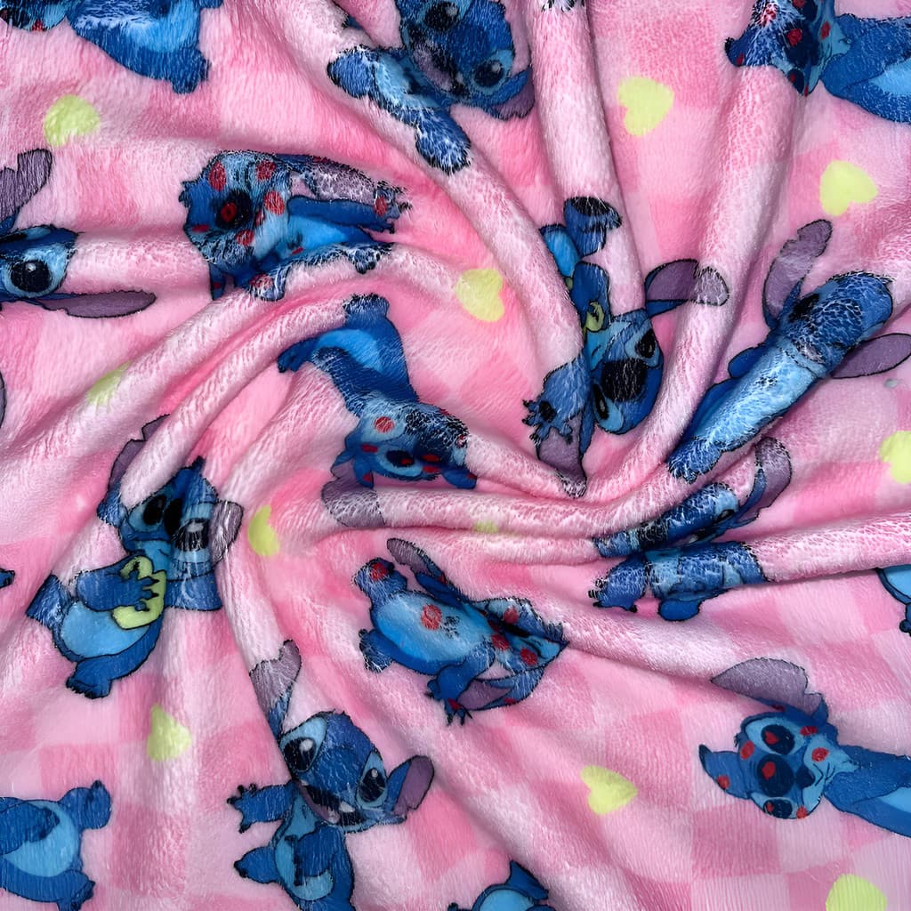 Tecido Fleece Quentinho Estampa Lilo e Stitch Xadrez Rosa