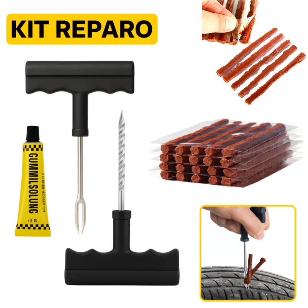 Kit de reparo de pneu sem câmara com extrator, faca, cola e macarrão