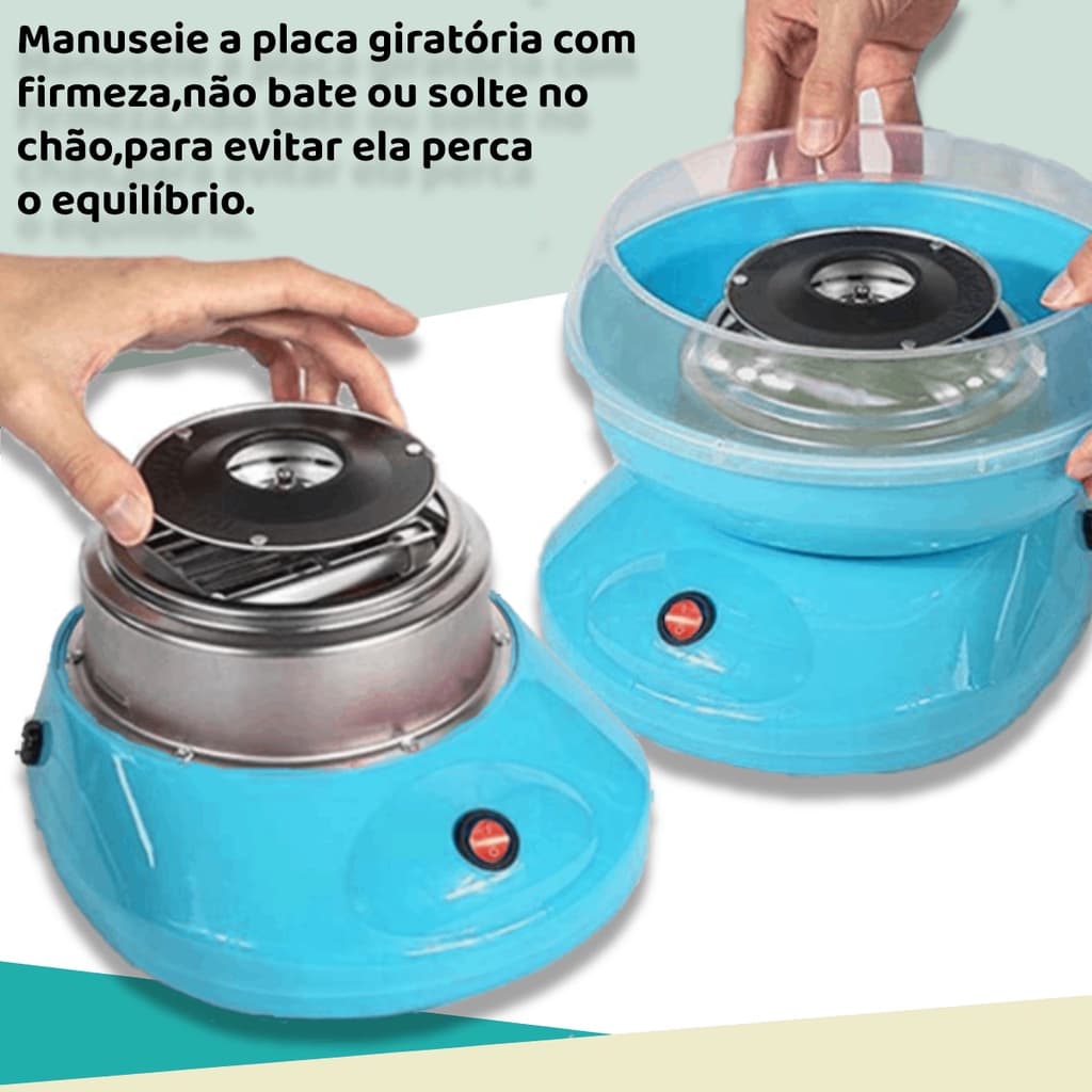 Mini máquina de algodão doce portátil azul em uso